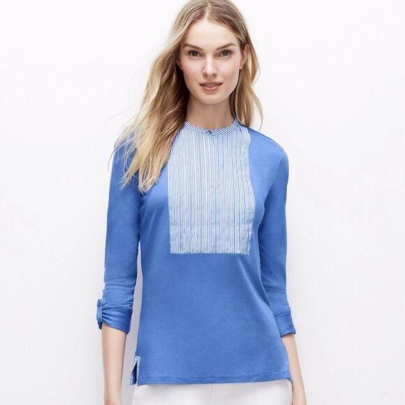 NWT Ann Taylor Jersey Knit Blue Striped Cotton Bib Long Sleeved Top XSP Petite - Picture 2 of 10